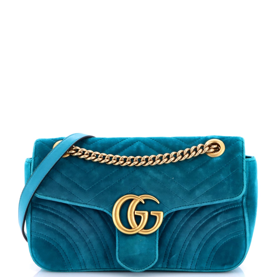 Gucci GG Marmont Flap Bag Matelasse Velvet Small Blue: Gucci's GG Marmont Flap Bag in blue quilted velvet. It is presented in the Small size. Each lot is backed by Maison de Beaubigonne's authenticity guarantee. It measures approximately 6 x 10 x 3 inches