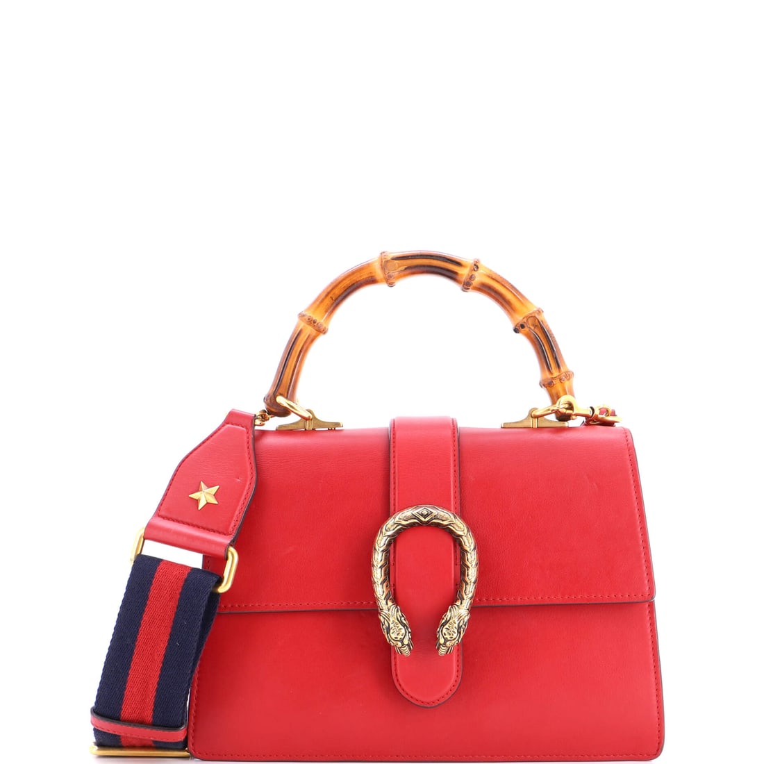 Gucci Dionysus Bamboo Top Handle Bag Leather Medium Red: From Gucci, the Dionysus Bamboo Top Handle Bag in red leather. This is the Medium format. It measures approximately 7 x 10.5 x 5 inches. Its balance of form and brand identity positions it as a depend