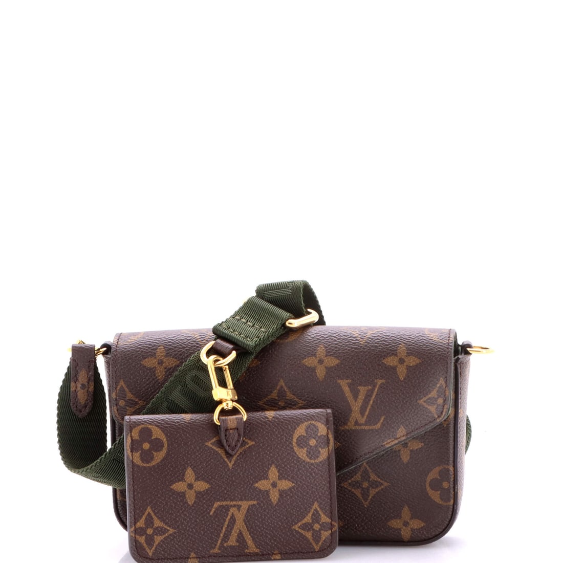 Louis Vuitton Felicie Strap & Go Handbag Monogram Canvas Brown: From Louis Vuitton, the Felicie Strap & Go Handbag in brown Monogram canvas. The monogram canvas carries Louis Vuitton's most recognizable house pattern. Scale runs to about 4.5 x 7 x 1.5 inches. A we