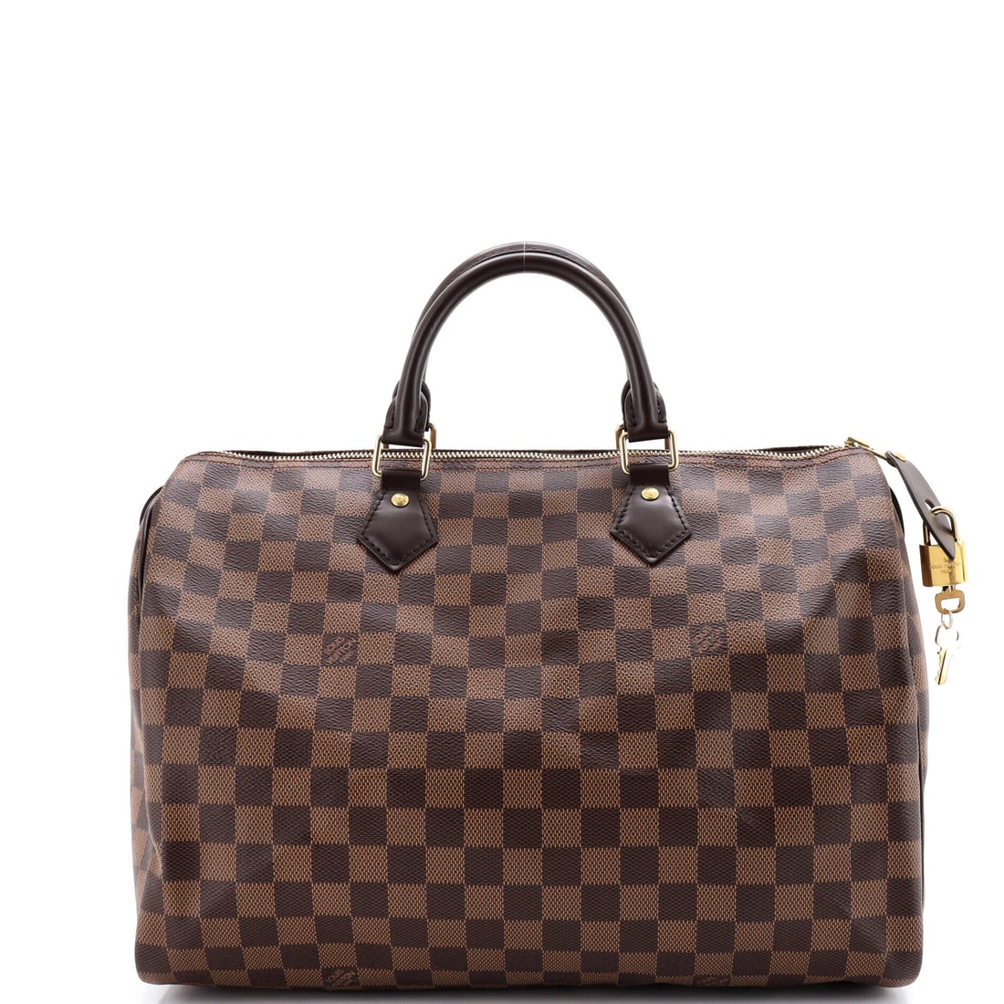 Louis Vuitton Speedy Bandouliere Bag Damier 35 Brown: A Louis Vuitton Speedy Bandouliere Bag in brown Damier canvas. The Damier check is one of Louis Vuitton's enduring house patterns. Catalogued in the 35 size. It measures approximately 9 x 14 x 7