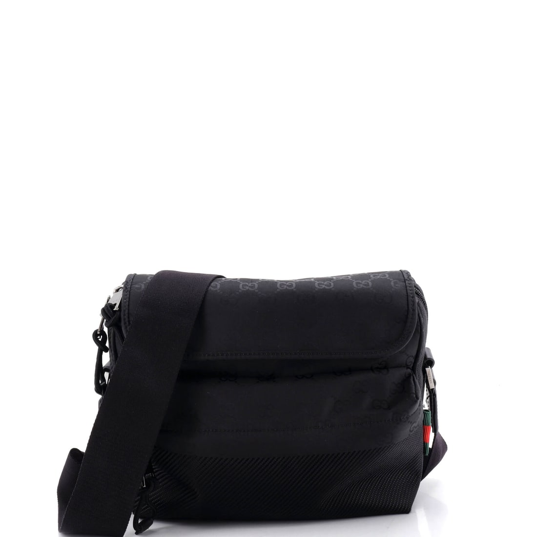 Gucci Web Flap Crossbody Bag Guccissima Nylon Medium Black: A Gucci Web Flap Crossbody Bag Guccissima Nylon presented in black. It is presented in the Medium size. The silhouette reads clearly across the room, giving it strong presence as a bidding piece for