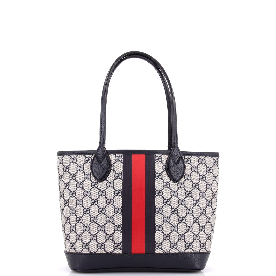 Gucci Ophidia Open Shopping Tote GG Coated Canvas Small Blue: Gucci's Ophidia Open Shopping Tote GG in blue coated canvas. This is the Small format. Approximate dimensions are 8.5 x 9.5 x 4.5 inches. The silhouette reads clearly across the room, giving it