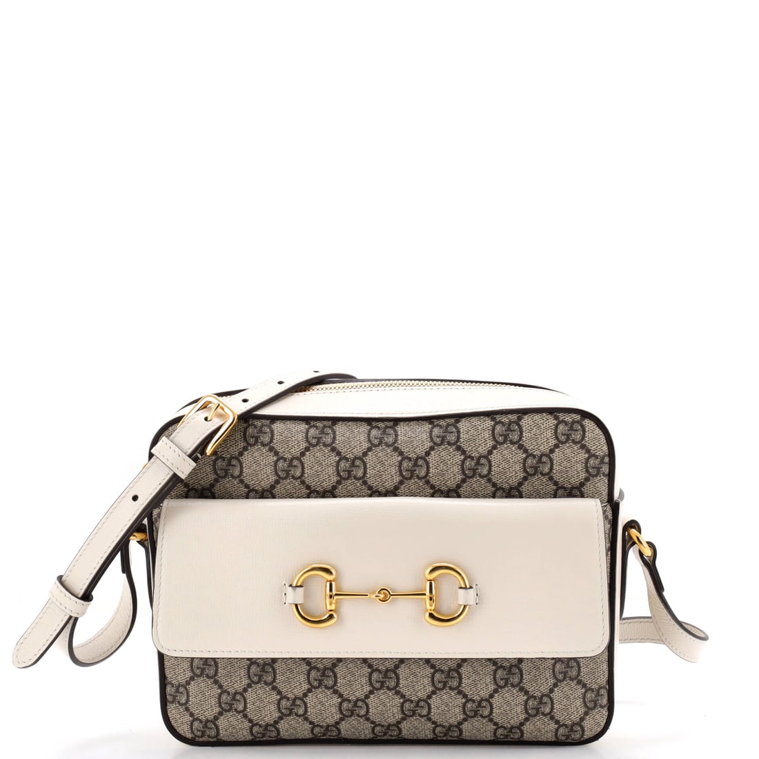 Gucci Horsebit 1955 Flap Pocket Camera Bag GG Coated Canvas and Leather Small Neutral: The Gucci Horsebit 1955 Flap Pocket Camera Bag GG in neutral coated canvas. This is the Small format. It measures approximately 6.5 x 9 x 3 inches. The shape and scale give bidders a confident read