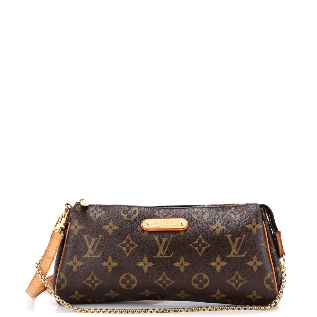 Louis Vuitton Eva Handbag Monogram Canvas Brown: Louis Vuitton's Eva Handbag in brown Monogram canvas. The monogram canvas carries Louis Vuitton's most recognizable house pattern. The piece measures roughly 5 x 10 x 1.5 inches. Its proportions and