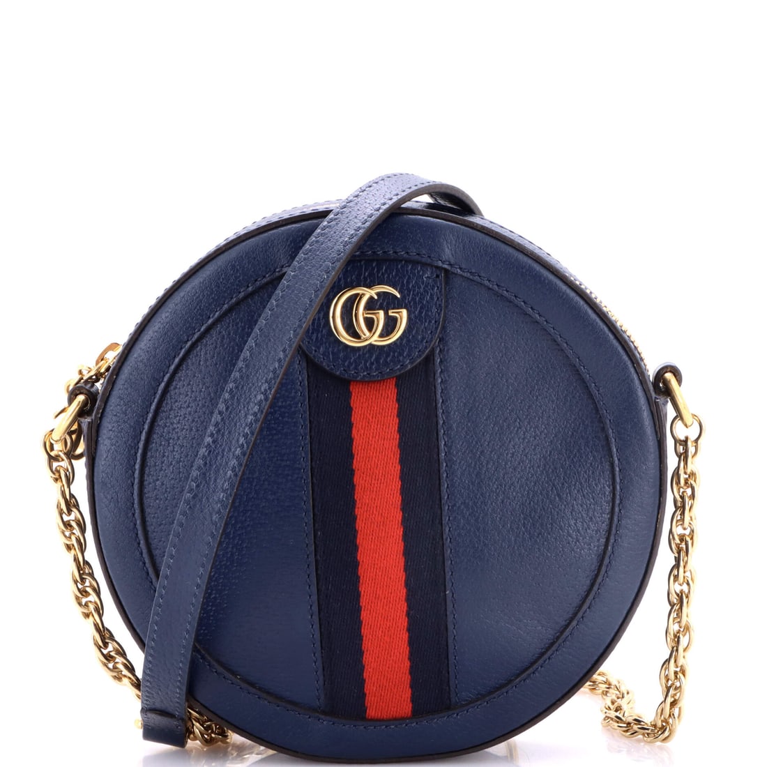 Gucci Ophidia Round Shoulder Bag Leather Mini Blue: Gucci Ophidia Round Shoulder Bag in blue leather. Offered in the Mini size. The piece measures roughly 7 x 7 x 2 inches. A wearable, well-recognized design that translates easily from daily use to a c