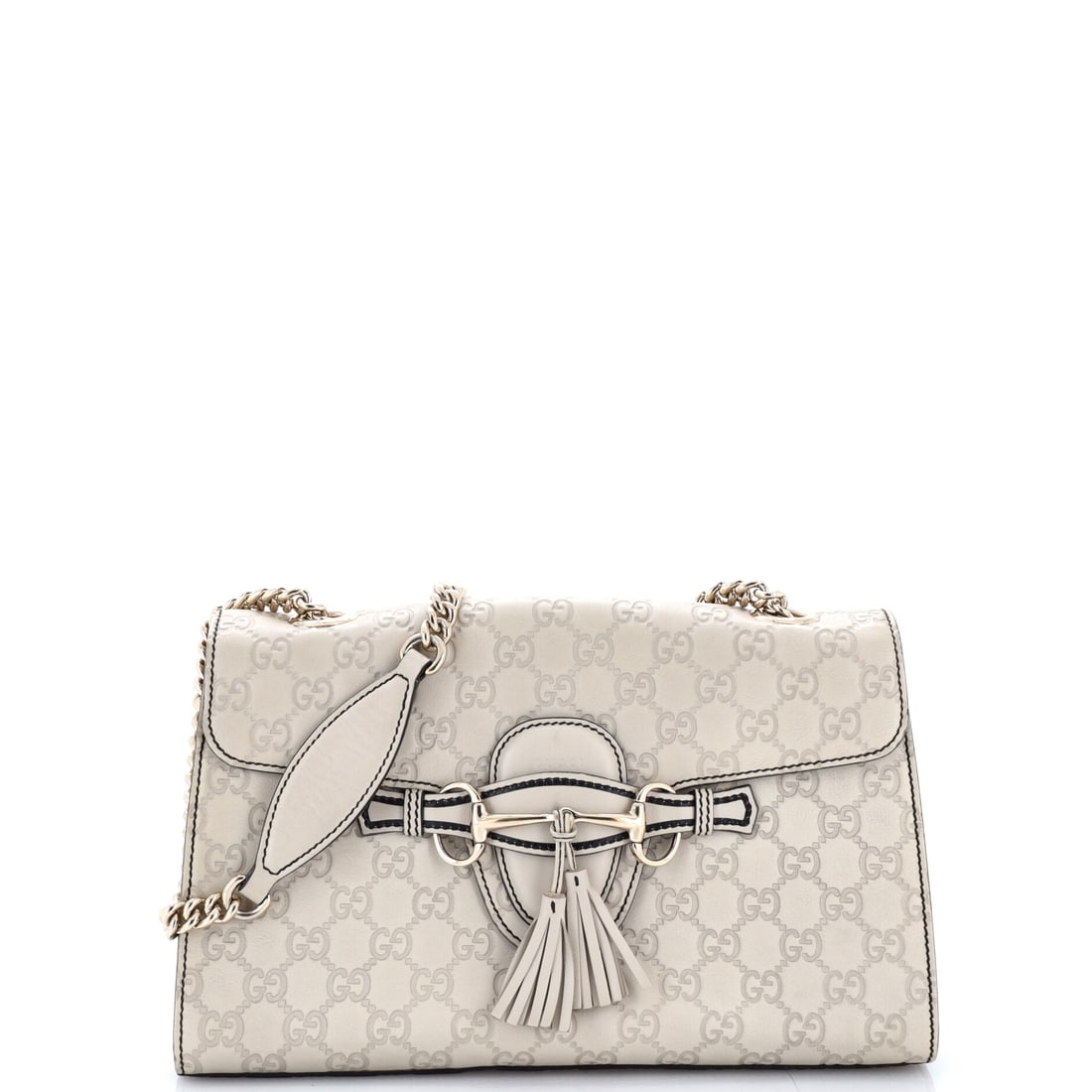 Gucci Emily Chain Flap Bag Guccissima Leather Medium Neutral: From Gucci, the Emily Chain Flap Bag Guccissima in neutral leather. It is presented in the Medium size. It measures approximately 7 x 12 x 3 inches. Structured enough to anchor a wardrobe yet