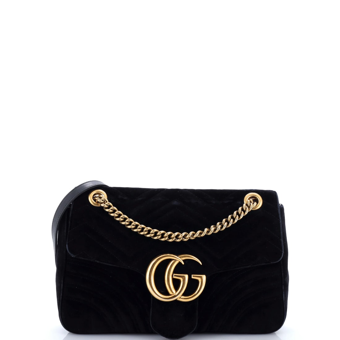 Gucci GG Marmont Flap Bag Matelasse Velvet Medium Black: Gucci's GG Marmont Flap Bag in black quilted velvet. Offered in the Medium size. The piece measures roughly 7.5 x 12 x 3 inches. The recognizable profile carries immediate brand recognition, lending