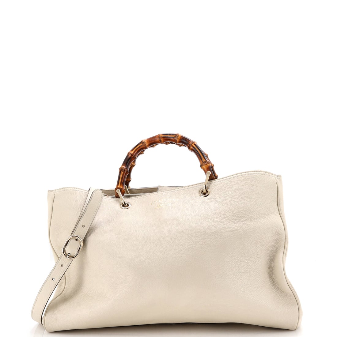 Gucci Bamboo Shopper Tote Leather Large Neutral: A Gucci Bamboo Shopper Tote in neutral leather. Offered in the Large size. The piece measures roughly 12 x 16 x 6 inches. A practical scale paired with a familiar house line makes this a strong everyd
