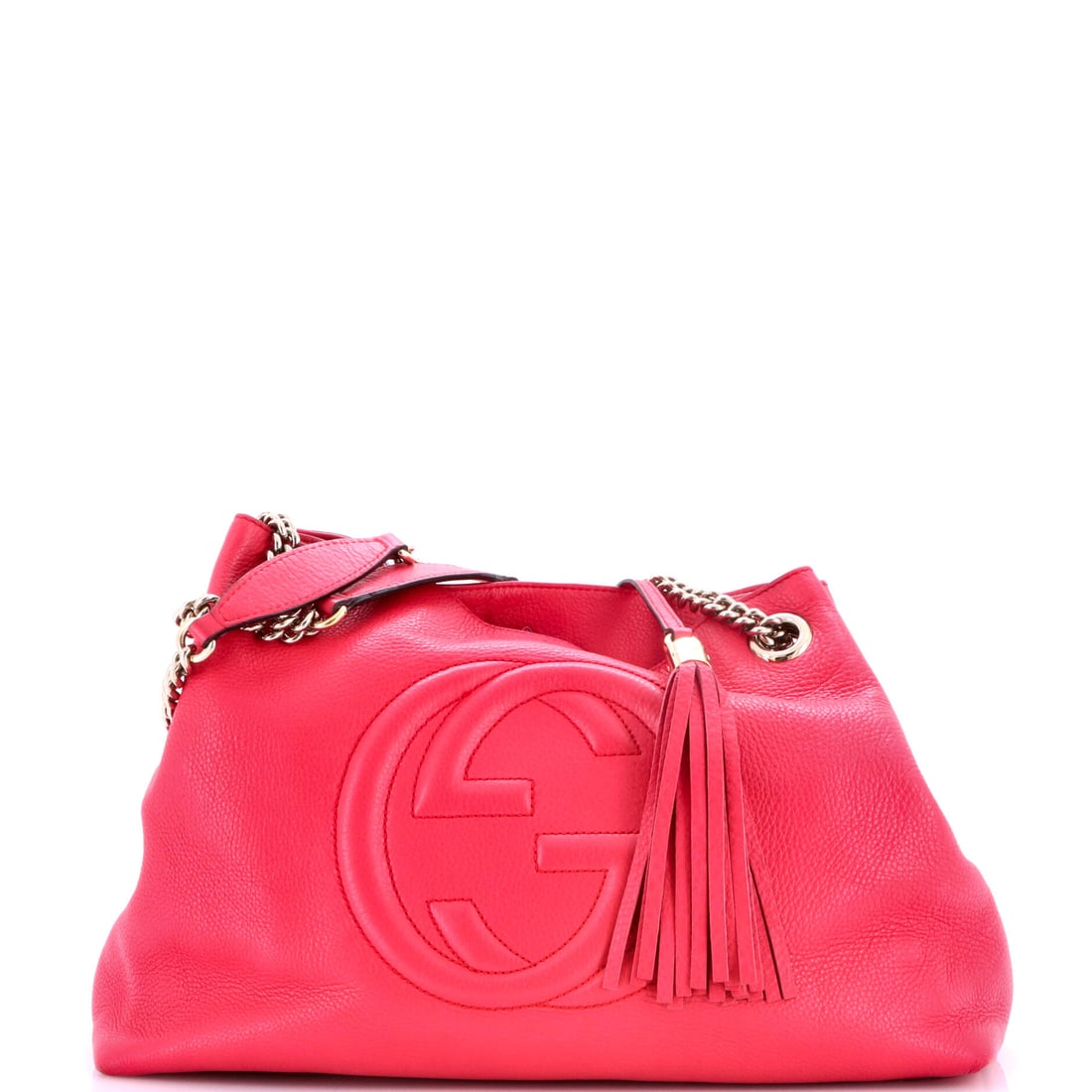 Gucci Soho Chain Strap Shoulder Bag Leather Medium Pink: Gucci Soho Chain Strap Shoulder Bag in pink leather. This is the Medium format. Approximate dimensions are 10.5 x 14.5 x 5 inches. A wearable, well-recognized design that translates easily from daily