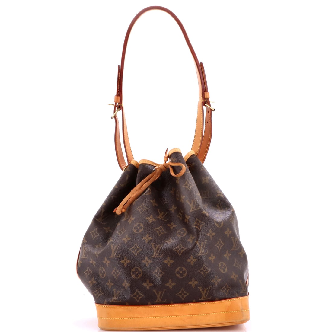 Louis Vuitton Noe Handbag Monogram Canvas Large Brown: Louis Vuitton Noe Handbag in brown Monogram canvas. The monogram canvas carries Louis Vuitton's most recognizable house pattern. This is the Large format. Approximate dimensions are 13 x 10 x 7