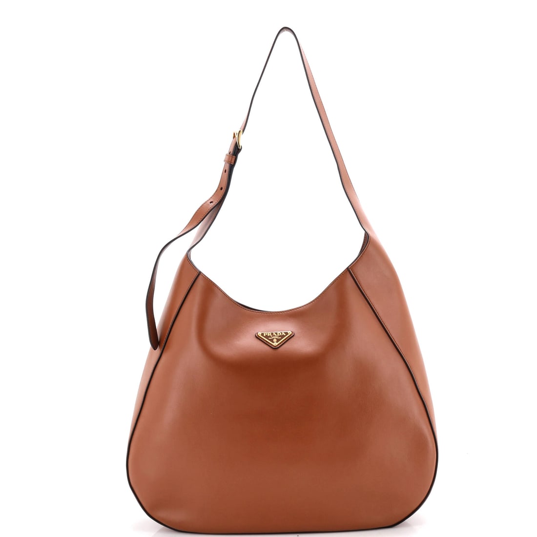 Prada Triangle Logo Curved Hobo City Calf Large Brown: A Prada Triangle Logo Curved Hobo City Calf presented in brown. This is the Large format. The piece measures roughly 11 x 15 x 3.5 inches. Its proportions and house identity make it an approachable lo