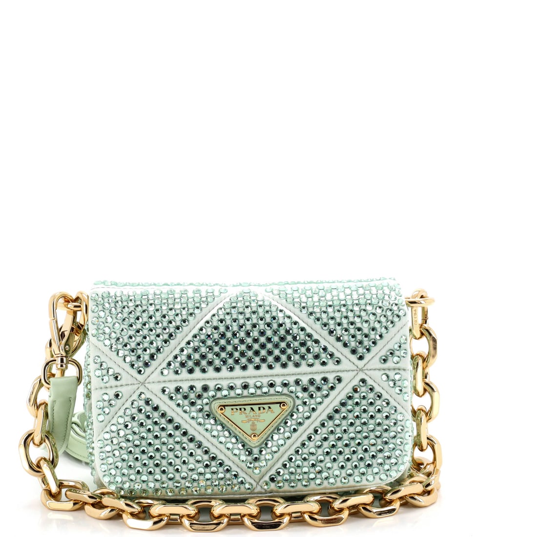 Prada Triangle Chain Flap Bag Crystal Embellished Quilted Satin Green: The Prada Triangle Chain Flap Bag Embellished Satin in green quilted leather. Approximate dimensions are 5 x 7 x 3 inches. The recognizable profile carries immediate brand recognition, lending the lot