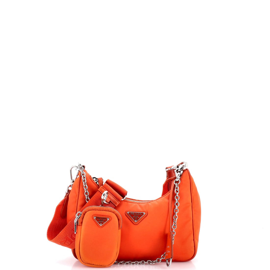 Prada Re-Edition 2005 Shoulder Bag Tessuto Small Orange: From Prada, the Re-Edition 2005 Shoulder Bag Tessuto presented in orange. It is presented in the Small size. Approximate dimensions are 5 x 8.5 x 3 inches. A practical scale paired with a familiar hou