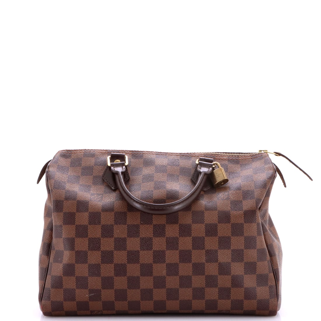Louis Vuitton Speedy Handbag Damier 30 Brown: Louis Vuitton's Speedy Handbag in brown Damier canvas. The Damier check is one of Louis Vuitton's enduring house patterns. This corresponds to the 30 size within the line. It measures approximately 9 