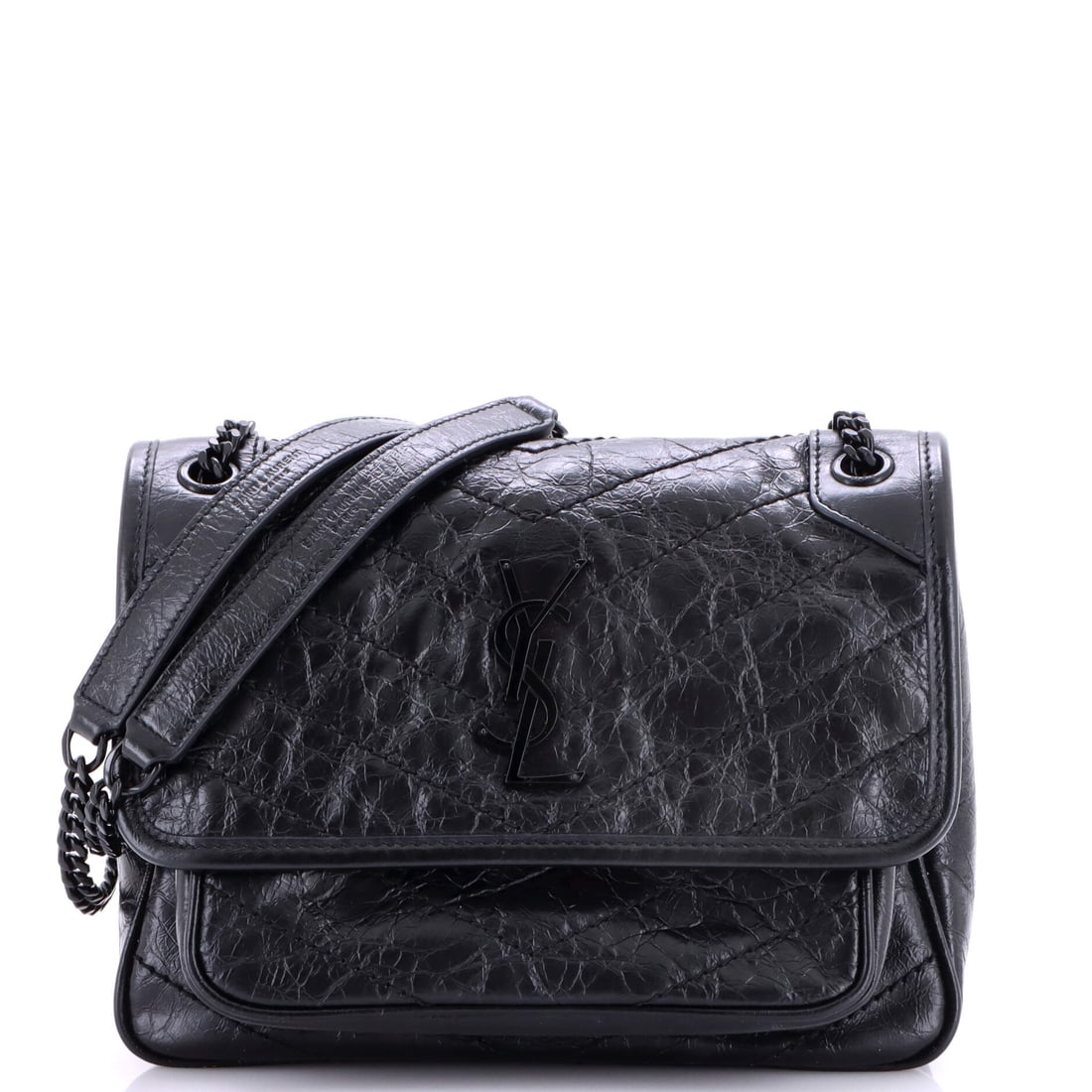 Saint Laurent Niki Chain Flap Bag Matelasse Chevron Leather Baby Black: From Saint Laurent, the Niki Chain Flap Bag Chevron Baby in black quilted leather. Approximate dimensions are 6 x 9 x 3 inches. Structured enough to anchor a wardrobe yet versatile across daily wear, 