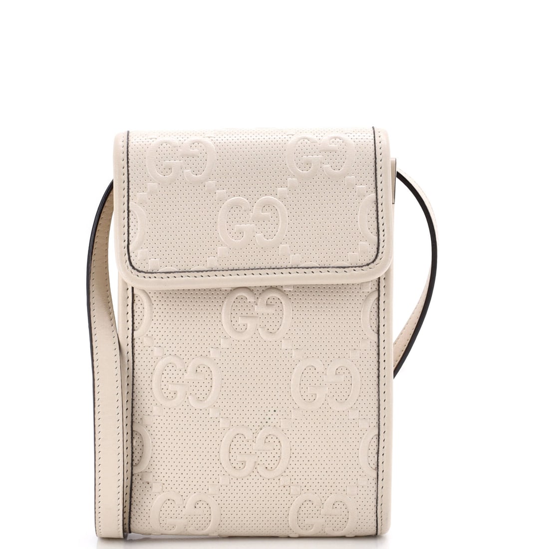 Gucci Flap Crossbody Bag GG Embossed Perforated Leather Mini Neutral: Gucci Flap Crossbody Bag GG Perforated in neutral leather. It is presented in the Mini size. Bid with confidence; authenticity is guaranteed. Scale runs to about 7 x 4.5 x 1 inches. The recognizable p