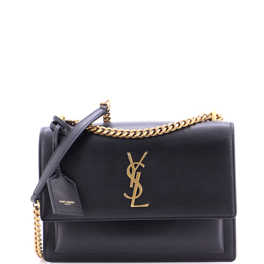Saint Laurent Sunset Crossbody Bag Leather Medium Black: The Saint Laurent Sunset Crossbody Bag in black leather. This is the Medium format. The piece measures roughly 7 x 8.5 x 3 inches. The shape and scale give bidders a confident read on how the piece ca