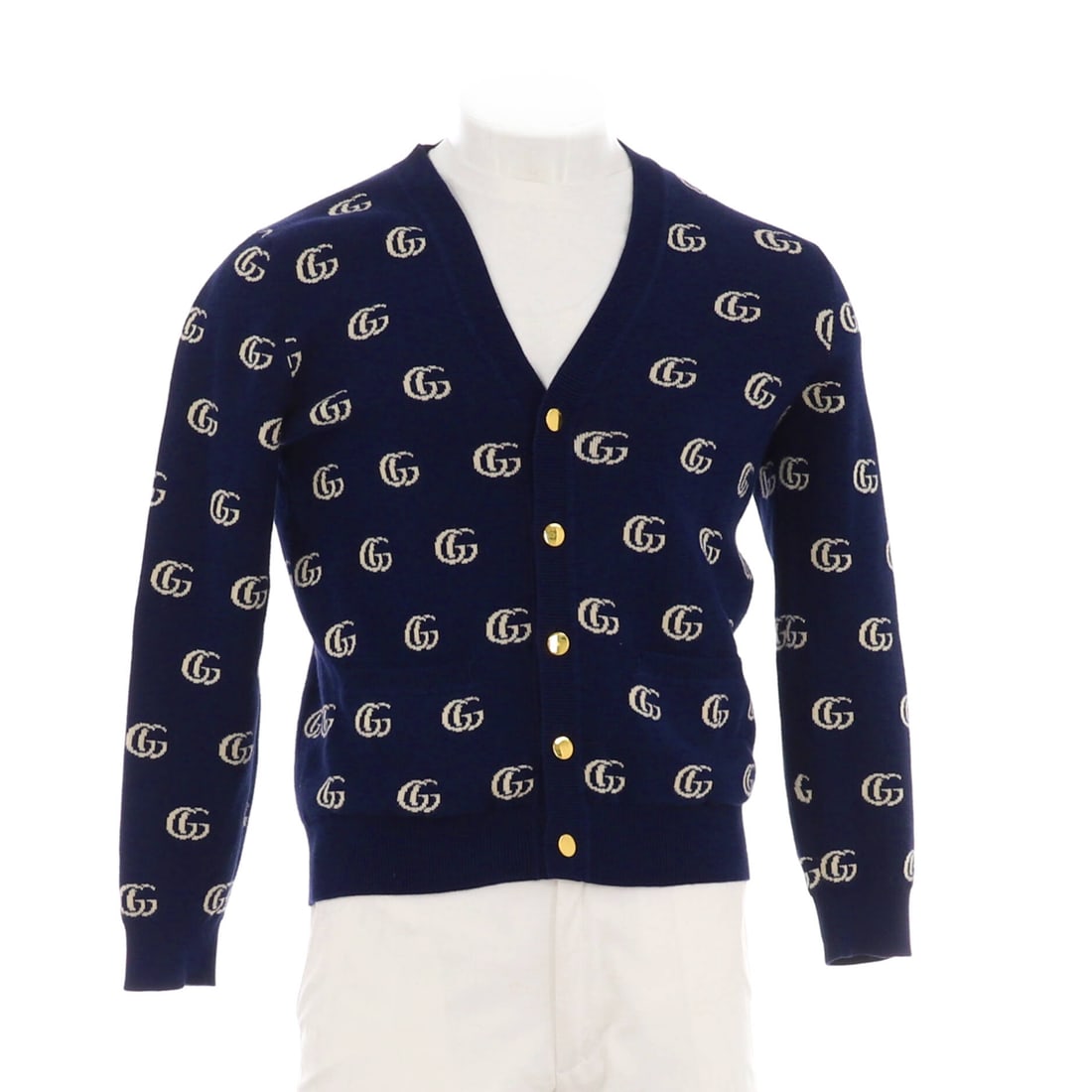 Gucci Men's V-Neck Cardigan GG Cotton Blue: A Gucci Men's V-Neck Cardigan GG in blue cotton. The shape and scale give bidders a confident read on how the piece carries and styles. Its versatility across casual and dressed looks gives it appeal 