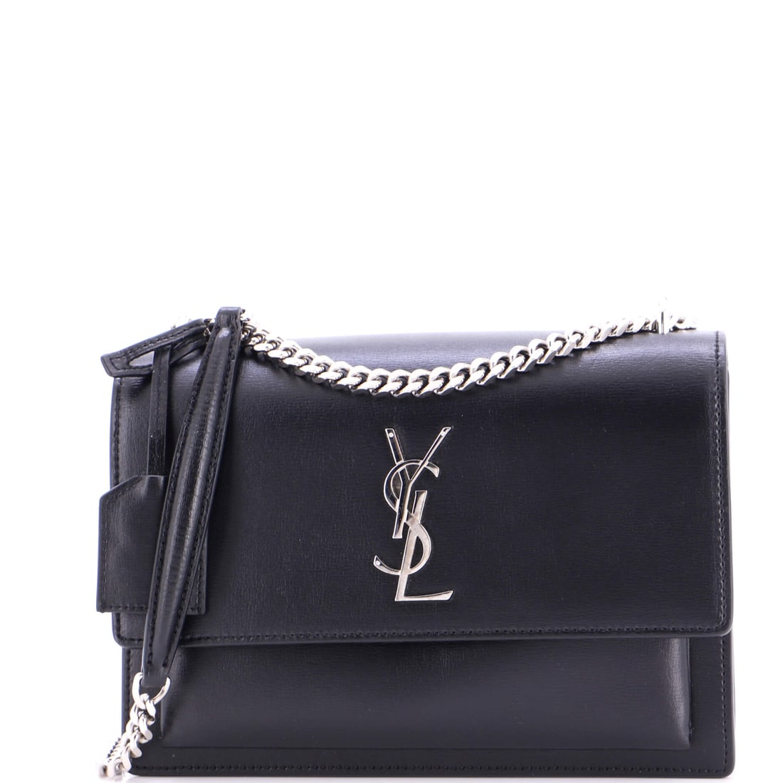Saint Laurent Sunset Crossbody Bag Leather Medium Black: A Saint Laurent Sunset Crossbody Bag in black leather. Offered in the Medium size. Scale runs to about 7 x 8.5 x 3 inches. A wearable, well-recognized design that translates easily from daily use to a