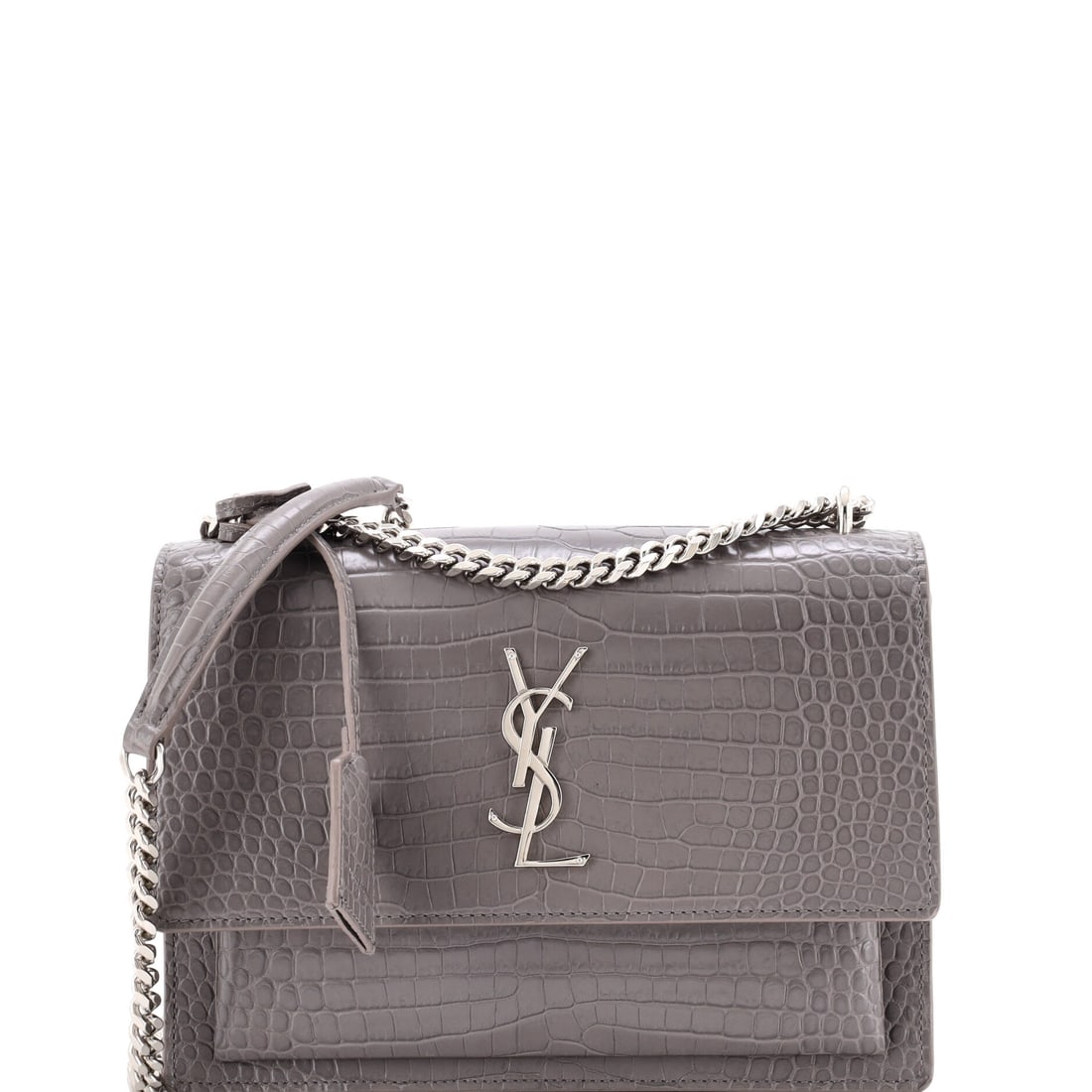 Saint Laurent Sunset Crossbody Bag Crocodile Embossed Leather Medium Gray: Saint Laurent Sunset Crossbody Bag in gray crocodile. This is the Medium format. Approximate dimensions are 6 x 8.5 x 3 inches. Its proportions and house identity make it an approachable lot for both 