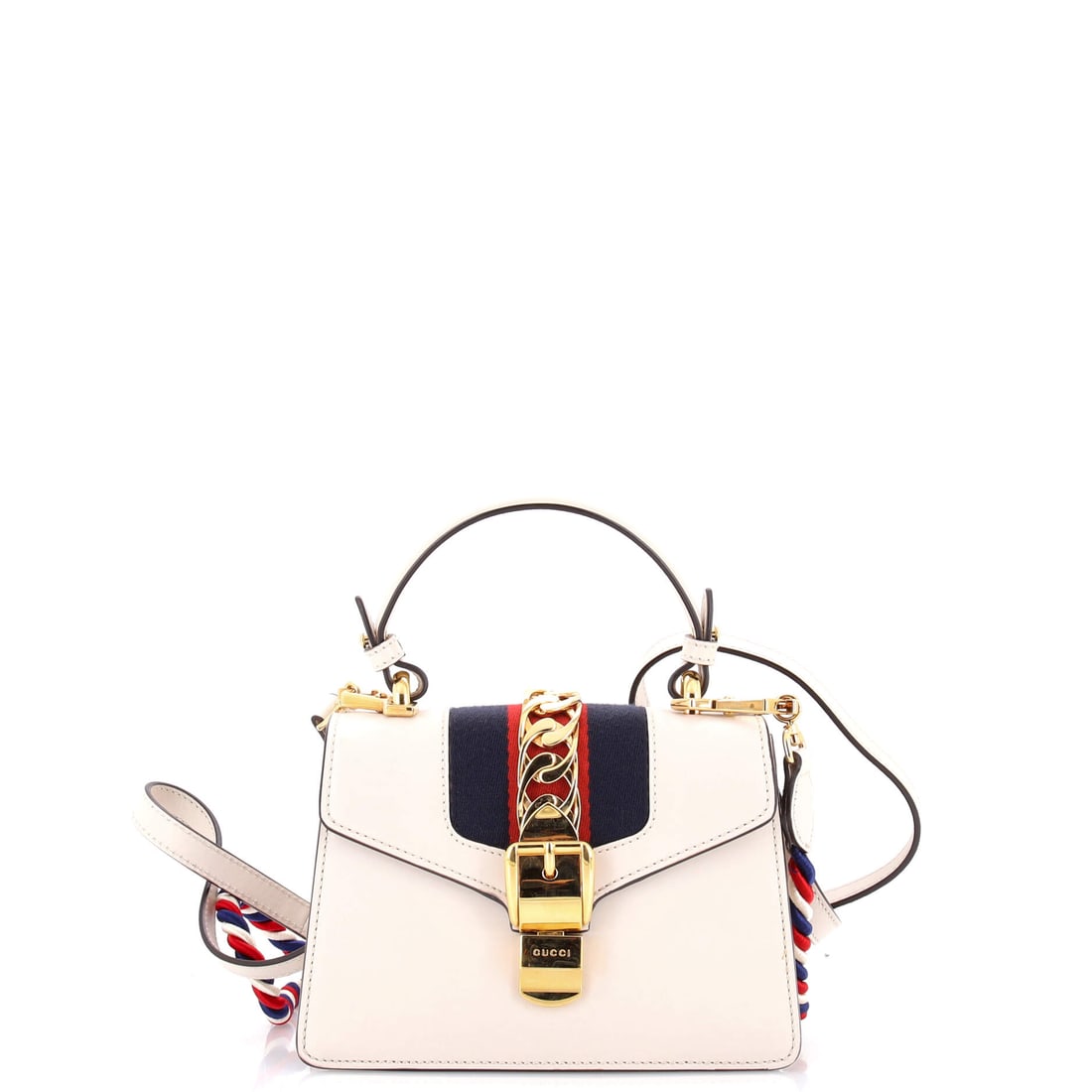 Gucci Sylvie Top Handle Bag Leather Mini White: A Gucci Sylvie Top Handle Bag in white leather. Offered in the Mini size. Approximate dimensions are 5.5 x 8 x 3 inches. The silhouette reads clearly across the room, giving it strong presence as a bi