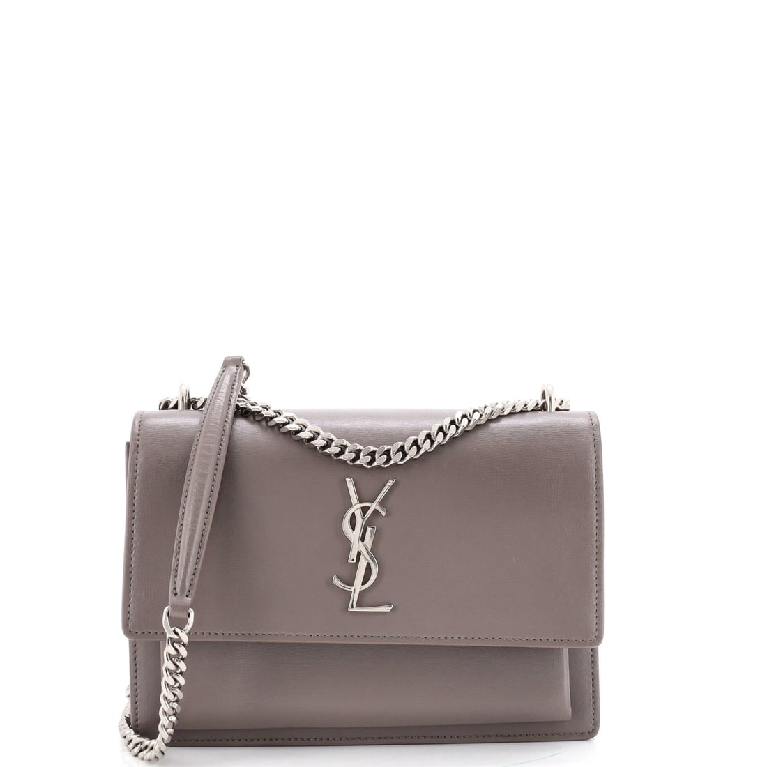 Saint Laurent Sunset Crossbody Bag Leather Medium Gray: The Saint Laurent Sunset Crossbody Bag in gray leather. Offered in the Medium size. It measures approximately 7 x 8.5 x 3 inches. A practical scale paired with a familiar house line makes this a stron