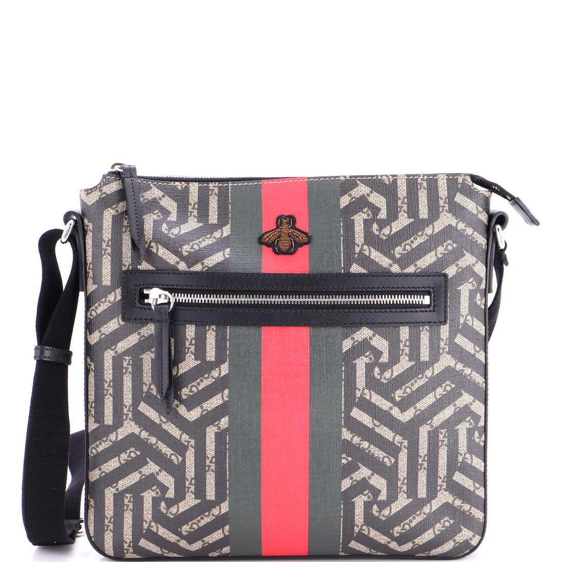 Gucci Front Zip Messenger Caleido GG Coated Canvas Medium Black: A Gucci Front Zip Messenger Caleido GG in black coated canvas. Offered in the Medium size. Offered with the confidence of Maison de Beaubigonne's authenticity guarantee. It measures approximately 11 x