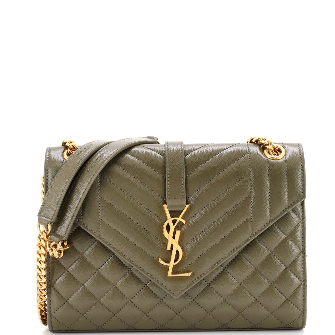 Saint Laurent Classic Monogram Envelope Satchel Mixed Matelasse Leather Medium Green: Saint Laurent Classic Envelope Satchel Mixed in green quilted Monogram canvas. The monogram canvas carries Louis Vuitton's most recognizable house pattern. Maison de Beaubigonne stands behind the auth