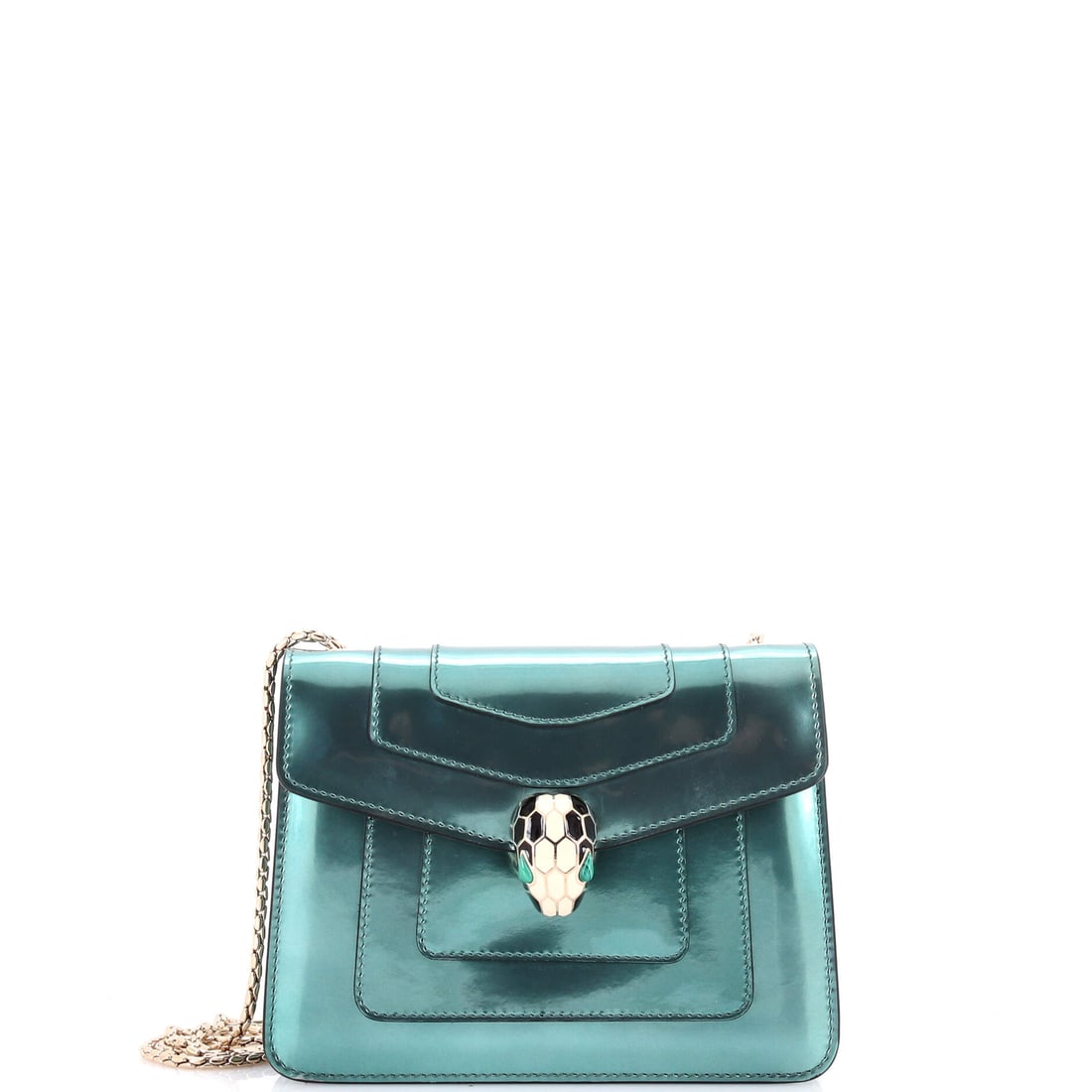 Bvlgari Serpenti Forever Square Shoulder Bag Metallic Leather Small Blue: From Bvlgari, the Serpenti Forever Square Shoulder Bag Metallic in blue leather. This is the Small format. The piece measures roughly 6 x 7.5 x 1.5 inches. Its balance of form and brand identity posit