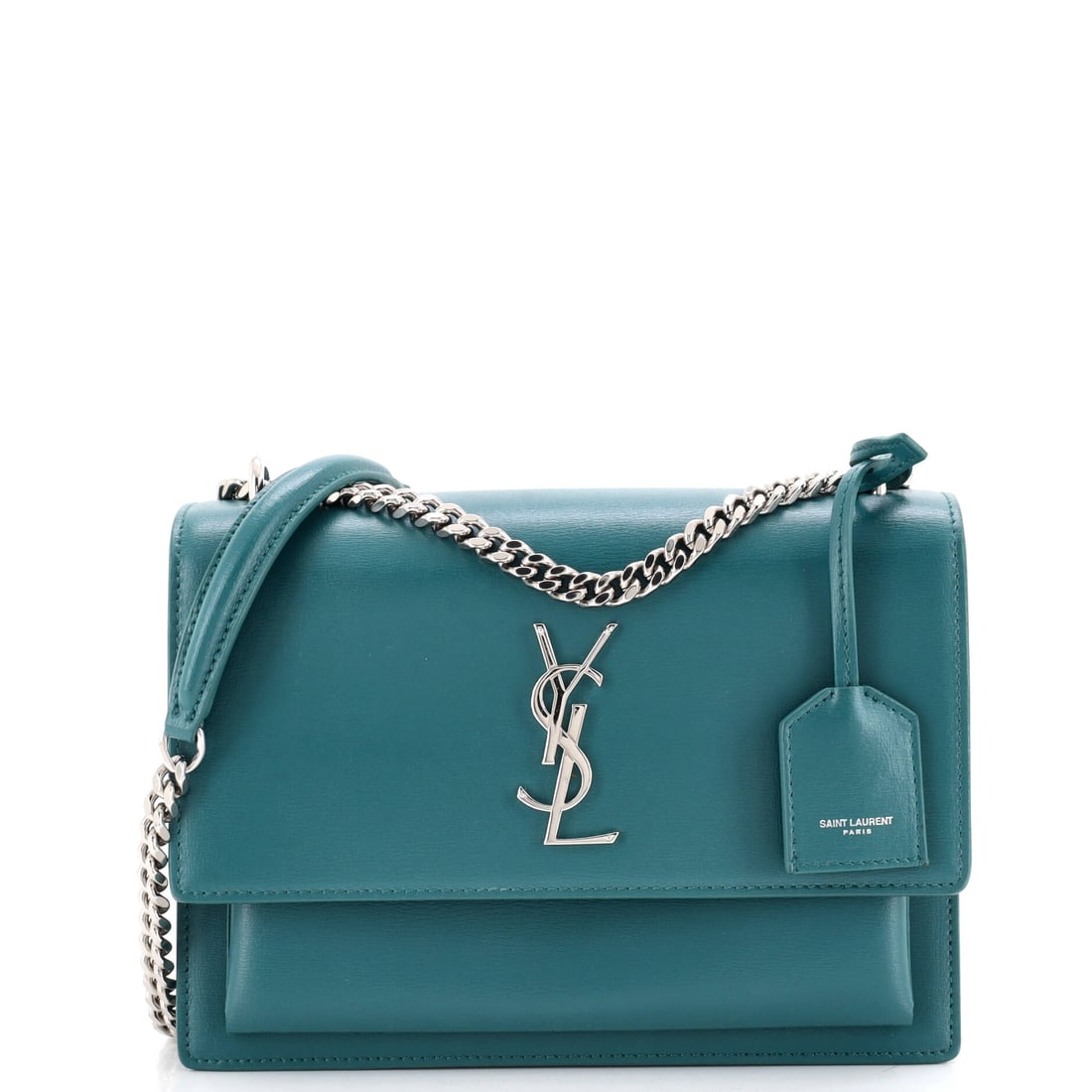 Saint Laurent Sunset Crossbody Bag Leather Medium Green: Saint Laurent Sunset Crossbody Bag in green leather. It is presented in the Medium size. Scale runs to about 7 x 8.5 x 3 inches. The recognizable profile carries immediate brand recognition, lending t