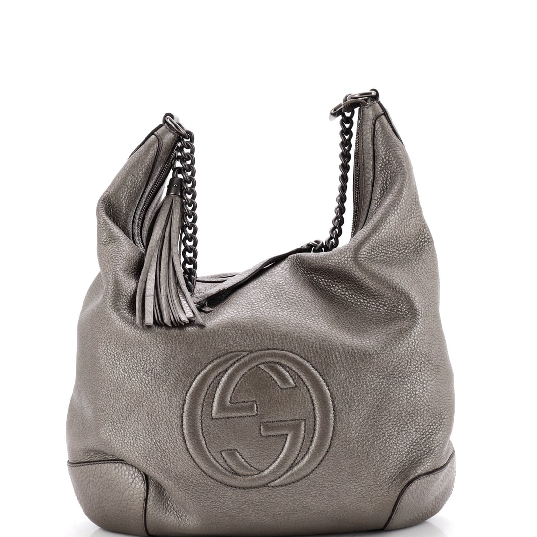 Gucci Soho Chain Hobo Leather Medium Gray: A Gucci Soho Chain Hobo in gray leather. This is the Medium format. Scale runs to about 12 x 15.5 x 3.5 inches. Its proportions and house identity make it an approachable lot for both seasoned collect