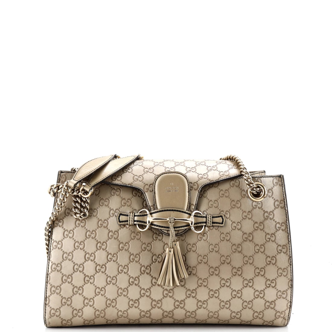 Gucci Emily Chain Flap Shoulder Bag Guccissima Leather Large Metallic: Gucci's Emily Chain Flap Shoulder Bag Guccissima Metallic in leather. This is the Large format. Each lot is backed by Maison de Beaubigonne's authenticity guarantee. It measures approximately 9 x 14 x