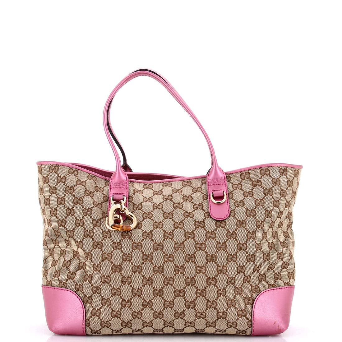 Gucci Heart Bit Open Tote GG Canvas with Leather Large Pink: From Gucci, the Heart Bit Open Tote GG in pink coated canvas. It is presented in the Large size. Scale runs to about 11.5 x 13 x 6 inches. The shape and scale give bidders a confident read on how the 