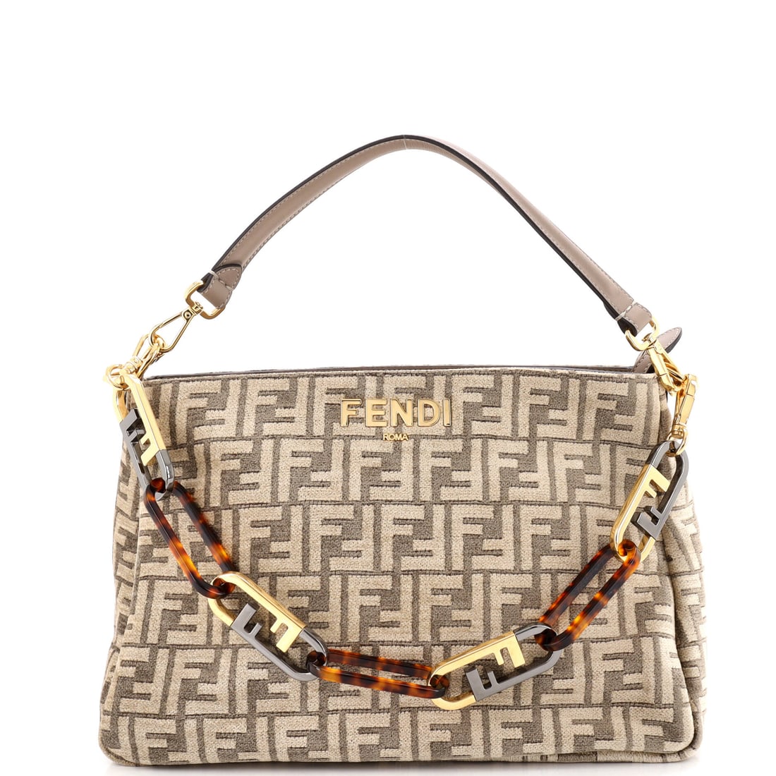 Fendi O'Lock Zip Shoulder Bag Zucca Chenille Neutral: From Fendi, the O'Lock Zip Shoulder Bag Zucca Chenille presented in neutral. The piece measures roughly 9 x 13.5 x 5.5 inches. Its proportions and house identity make it an approachable lot for both s
