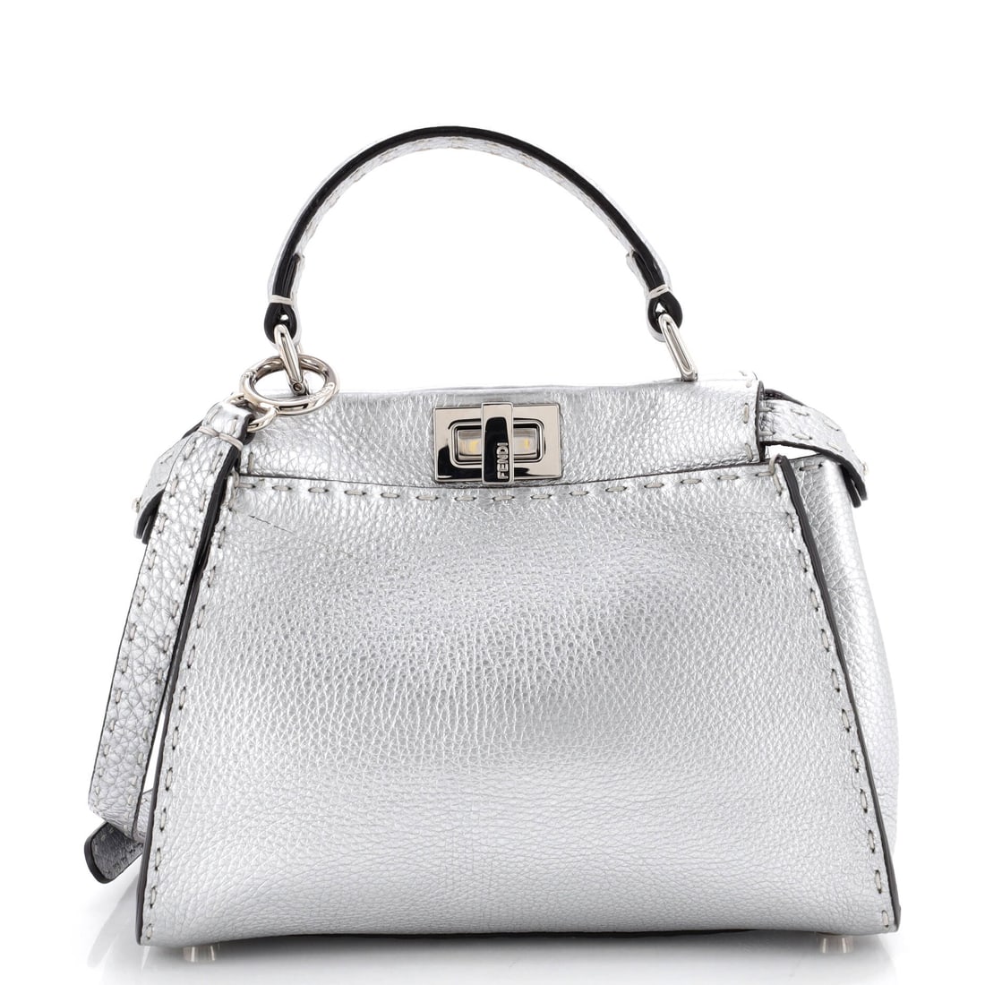 Fendi Selleria Peekaboo Bag Leather Mini Silver: Fendi's Selleria Peekaboo Bag in silver leather. Offered in the Mini size. Scale runs to about 7 x 9 x 3 inches. Its proportions and house identity make it an approachable lot for both seasoned collec