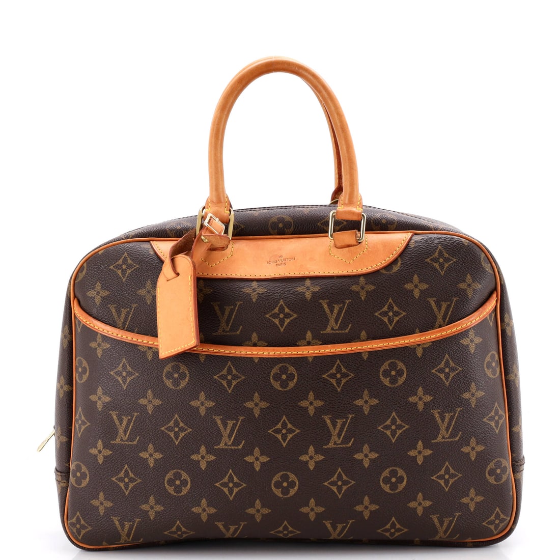 Louis Vuitton Deauville Handbag Monogram Canvas Brown: The Louis Vuitton Deauville Handbag in brown Monogram canvas. The monogram canvas carries Louis Vuitton's most recognizable house pattern. Scale runs to about 10.5 x 14 x 5 inches. Its balance of