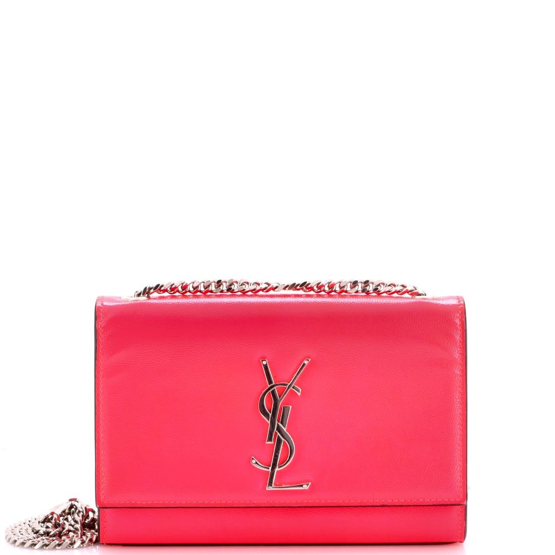 Saint Laurent Classic Monogram Crossbody Bag Grainy Patent Small Pink: Saint Laurent's Classic Crossbody Bag Grainy in pink patent and Monogram canvas. The monogram canvas carries Louis Vuitton's most recognizable house pattern. This is the Small format. Approximate