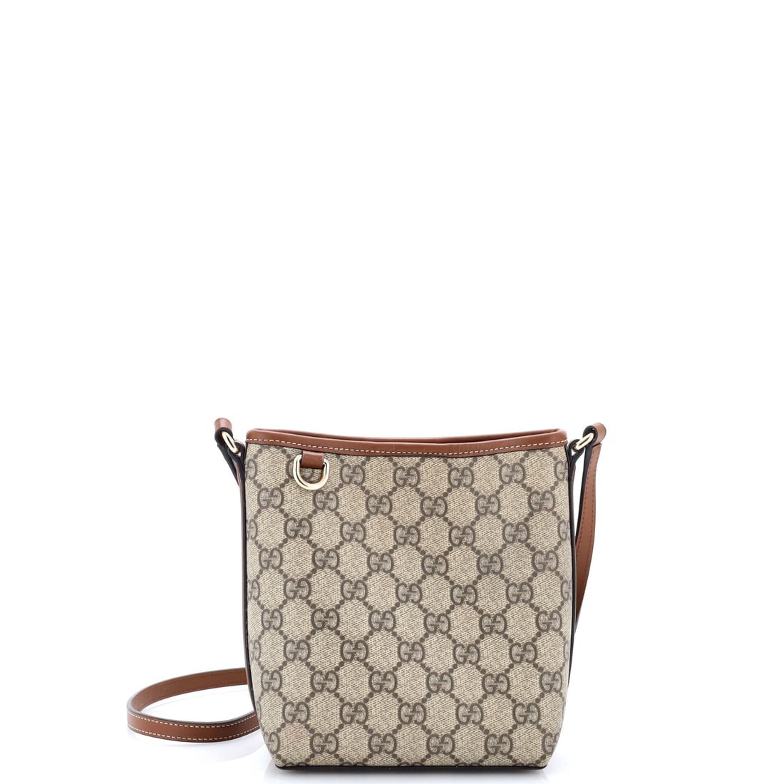 Gucci GG Emblem Bucket Bag GG Coated Canvas Nano Brown: Gucci GG Emblem Bucket Bag GG in brown coated canvas. Offered in the Nano size. Offered with the confidence of Maison de Beaubigonne's authenticity guarantee. Approximate dimensions are 7 x 6 x 3