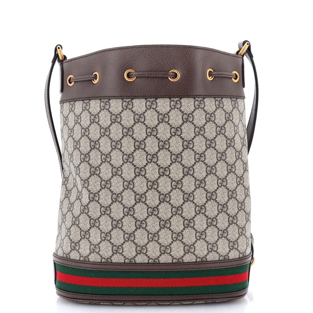 Gucci Ophidia Bucket Bag GG Coated Canvas Medium Brown: Gucci Ophidia Bucket Bag GG in brown coated canvas. It is presented in the Medium size. It measures approximately 12 x 10 x 5 inches. The recognizable profile carries immediate brand recognition,