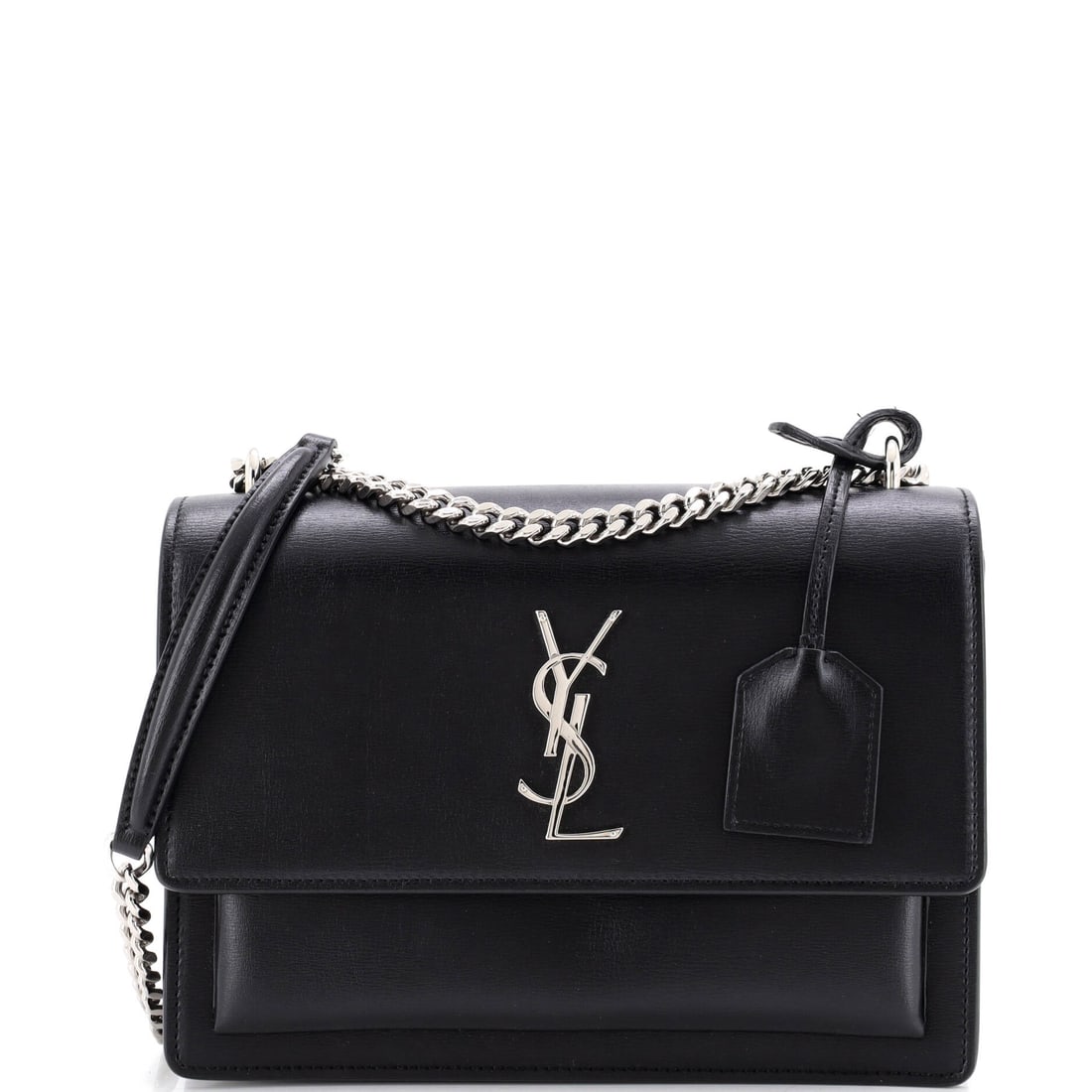Saint Laurent Sunset Crossbody Bag Leather Medium Black: Saint Laurent's Sunset Crossbody Bag in black leather. This is the Medium format. Approximate dimensions are 7 x 8.5 x 3 inches. The shape and scale give bidders a confident read on how the piece