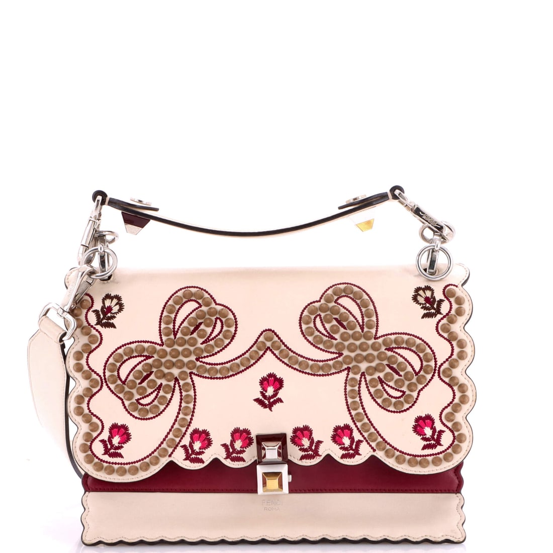 Fendi Kan I Bag Embroidered Studded Leather Medium Neutral: The Fendi Kan I Bag Embroidered Studded in neutral leather. Offered in the Medium size. Maison de Beaubigonne guarantees the authenticity of this lot. The piece measures roughly 7.5 x 10 x 4 inches. S