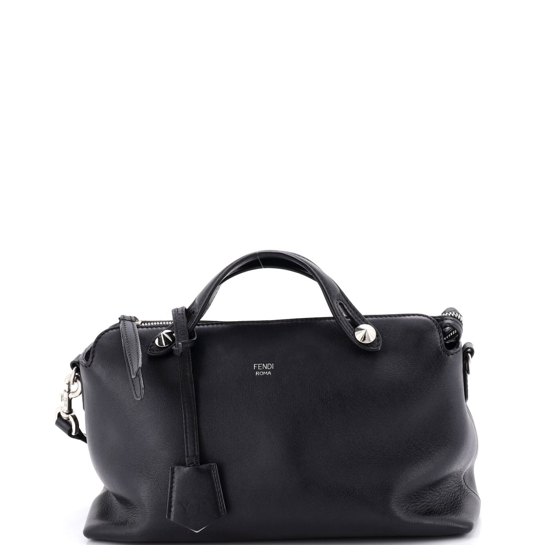 Fendi By The Way Satchel Calfskin Medium Black: The Fendi By The Way Satchel in black calfskin leather. Offered in the Medium size. The piece measures roughly 7 x 11 x 4 inches. The recognizable profile carries immediate brand recognition, lending 