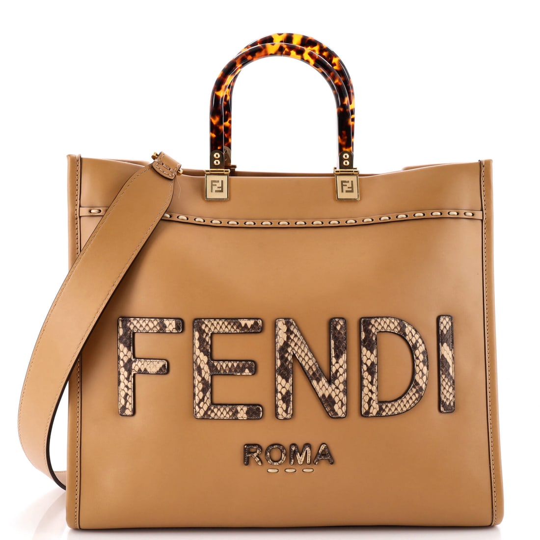 Fendi Sunshine Shopper Tote Leather with Snakeskin Medium Brown (1 of 6)