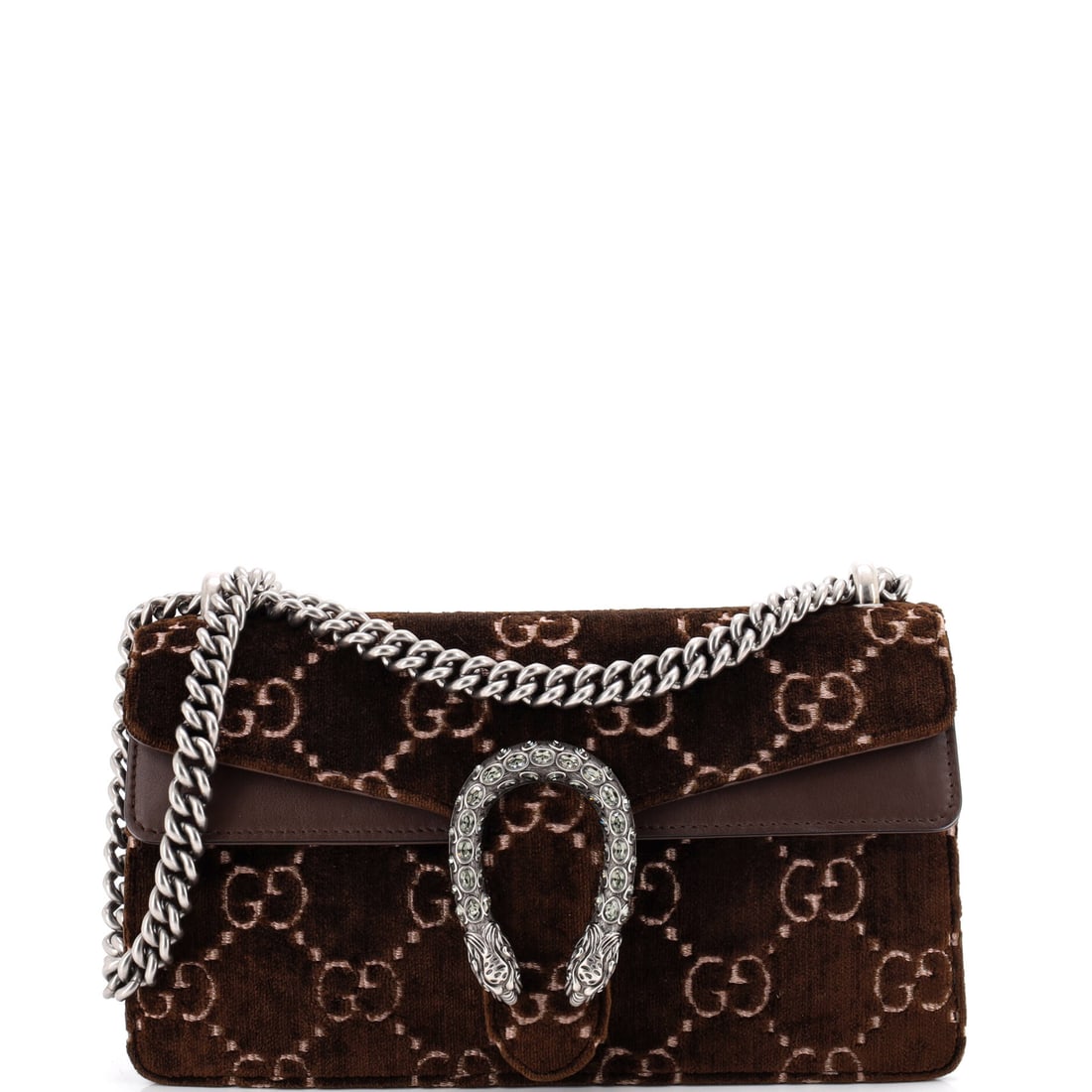 Gucci Dionysus Bag GG Velvet Mini Brown: Gucci Dionysus Bag GG in brown velvet. It is presented in the Mini size. The piece measures roughly 5.5 x 10 x 3 inches. A practical scale paired with a familiar house line makes this a strong everyda