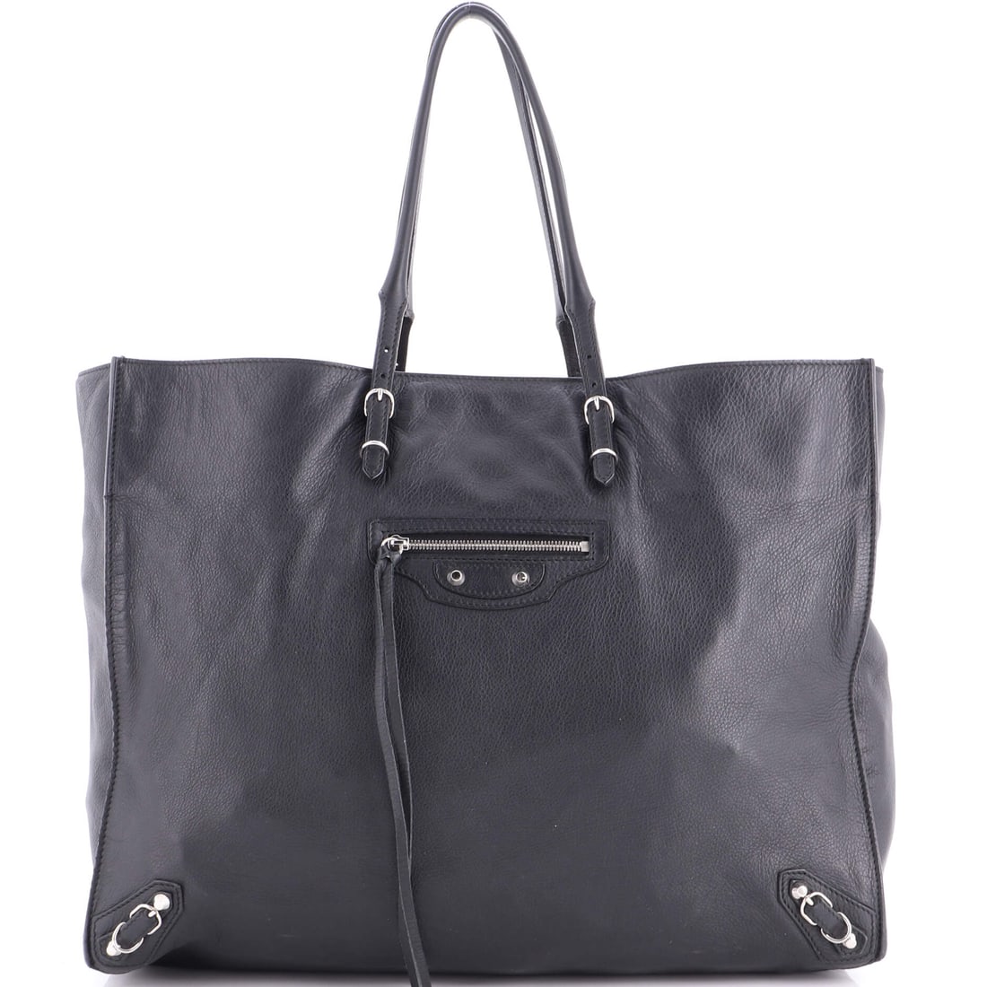 Balenciaga Papier A4 Classic Studs Bag Leather Medium Black: Balenciaga's Papier A4 Classic Studs Bag in black leather. It is presented in the Medium size. Reviewed for authenticity and offered with Maison de Beaubigonne's authenticity guarantee. The piece meas