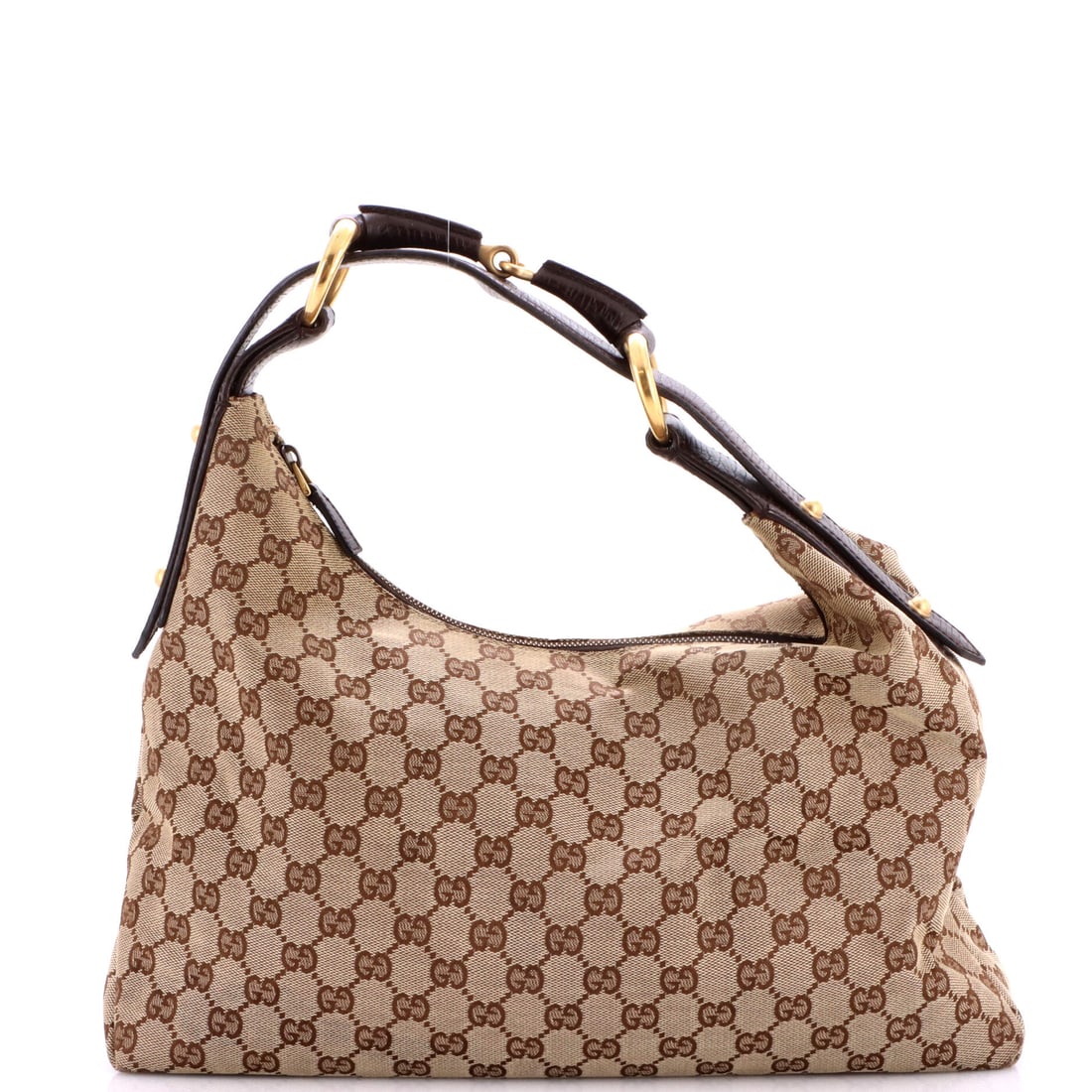 Gucci Horsebit Hobo GG Canvas Medium Brown: Gucci's Horsebit Hobo GG in brown coated canvas. It is presented in the Medium size. Approximate dimensions are 8.5 x 14 x 4 inches. The recognizable profile carries immediate brand recognition, lendi