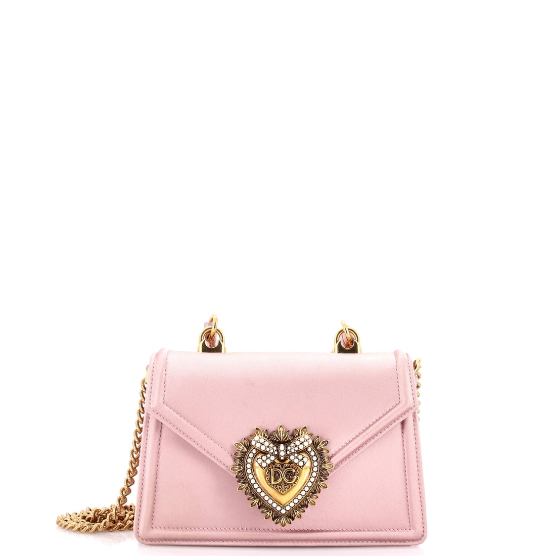 Dolce & Gabbana Devotion Top Handle Bag Satin Mini Pink: A Dolce & Gabbana Devotion Top Handle Bag Satin presented in pink. Offered in the Mini size. Each lot is backed by Maison de Beaubigonne's authenticity guarantee. It measures approximately 4 x 7 x 2 i