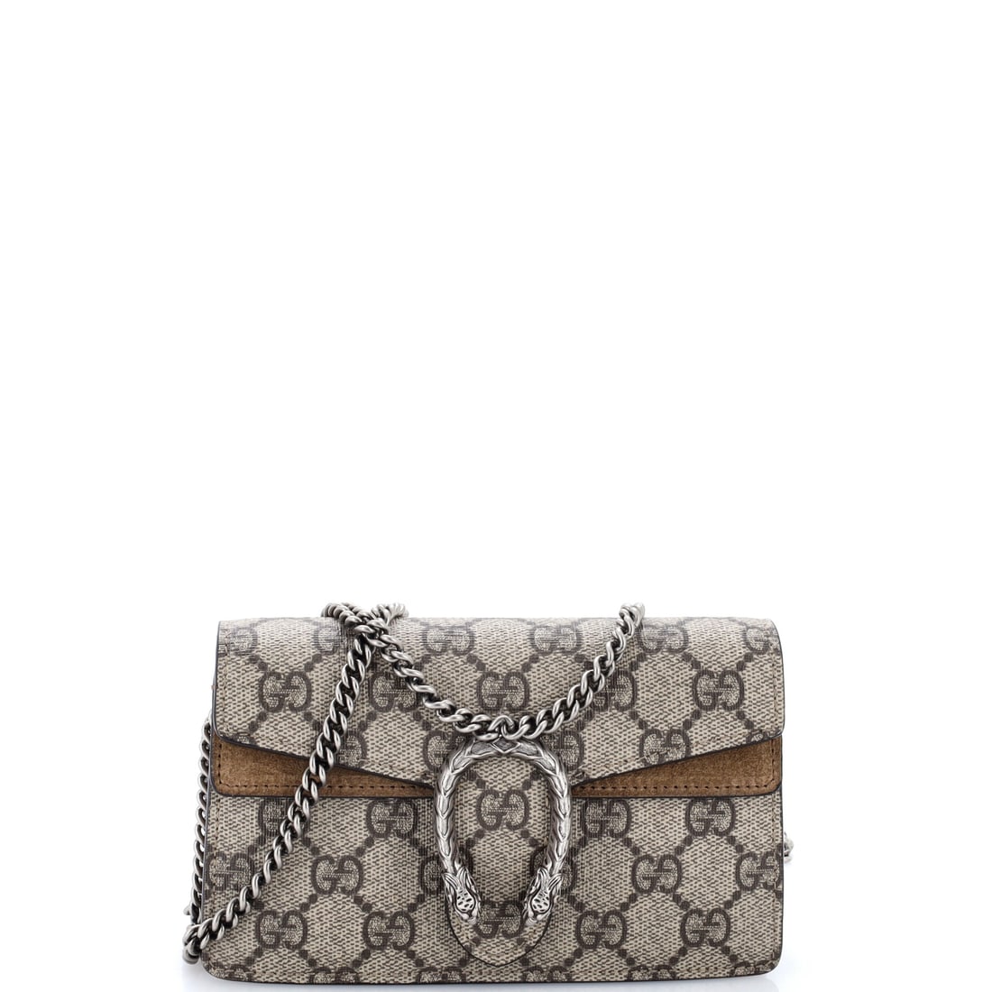 Gucci Dionysus Bag GG Coated Canvas Super Mini Brown: Gucci Dionysus Bag GG Super in brown coated canvas. This is the Mini format. Approximate dimensions are 4 x 6.5 x 1.5 inches. Its proportions and house identity make it an approachable lot for both se