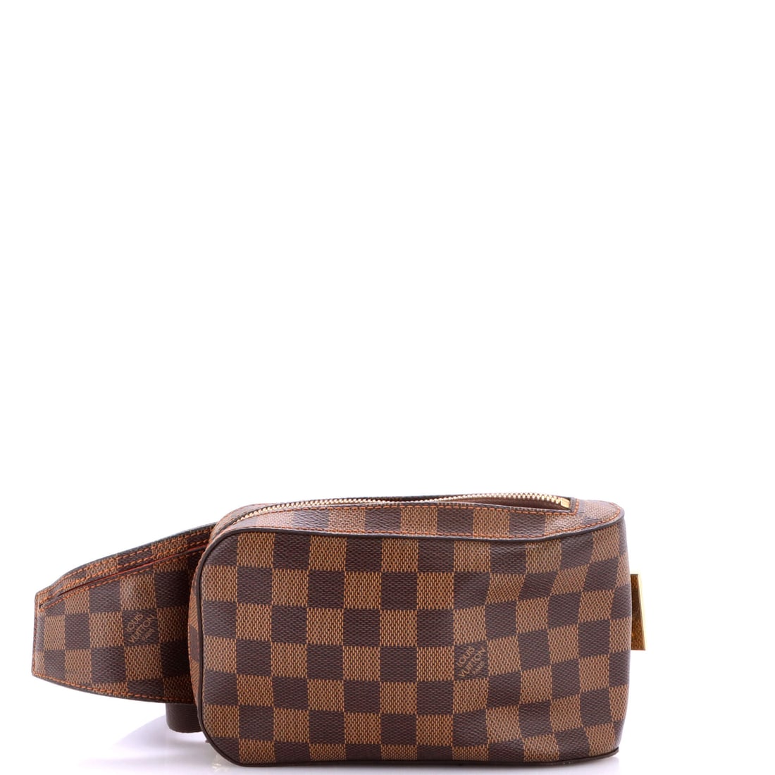 Louis Vuitton Geronimos Waist Bag Damier Brown: From Louis Vuitton, the Geronimos Waist Bag in brown Damier canvas. The Damier check is one of Louis Vuitton's enduring house patterns. It measures approximately 5 x 8 x 2 inches. Its balance of form 