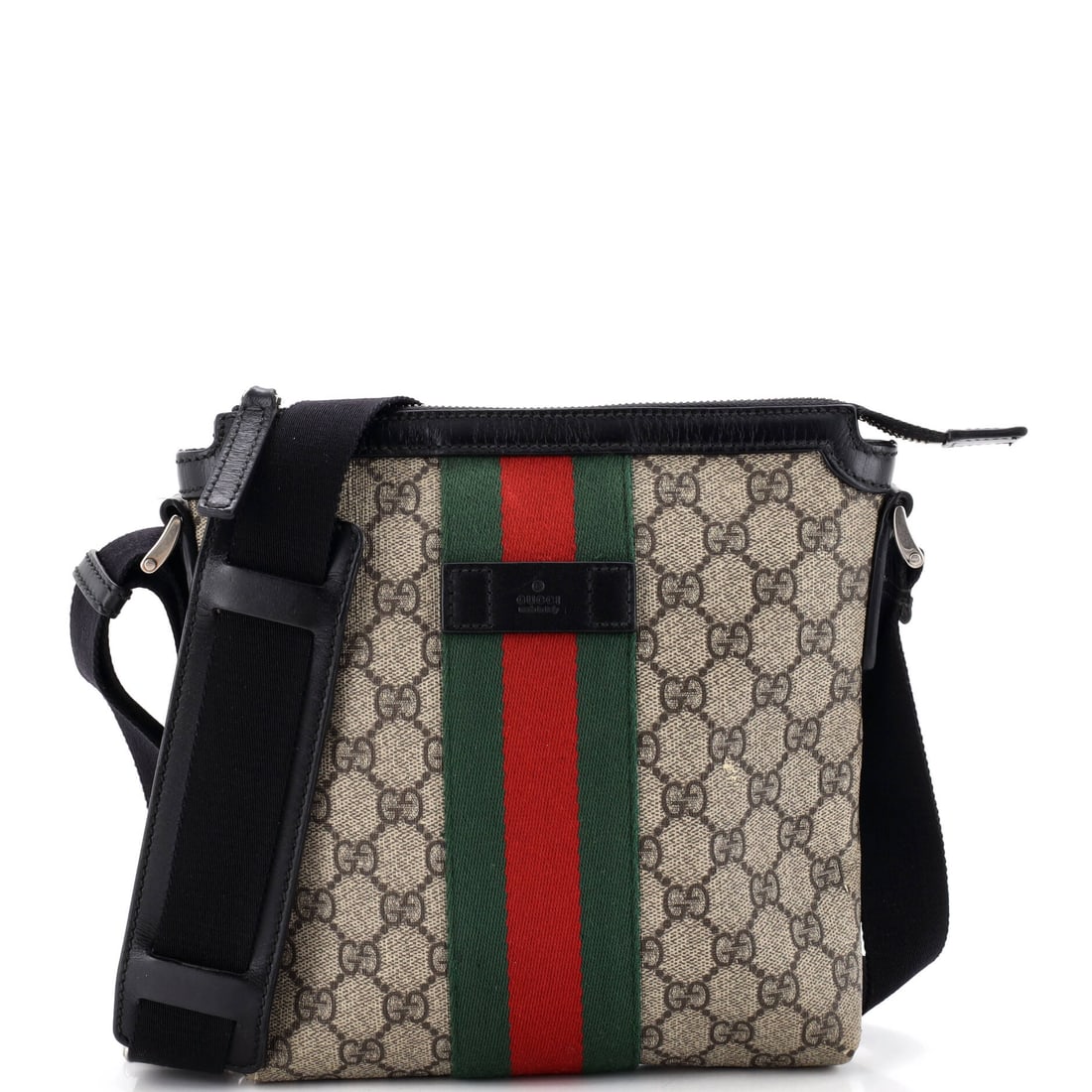 Gucci Web Messenger Bag GG Coated Canvas Small Brown: The Gucci Web Messenger Bag GG in brown coated canvas. This is the Small format. Approximate dimensions are 8 x 8 x 2 inches. Its proportions and house identity make it an approachable lot for both se